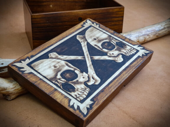 Wooden Box With Pyrography, Skulls And Bones