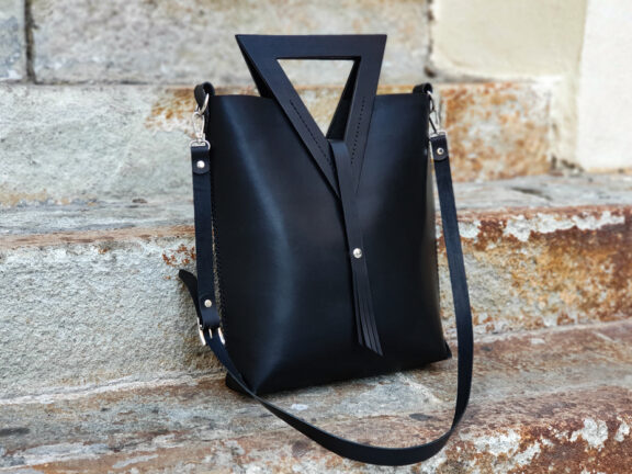 Black Leather Bag With Wooden Triangle Handles