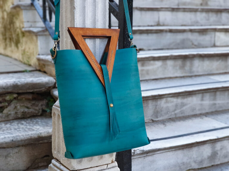 Teal Leather Bag With Wooden Triangle Handles