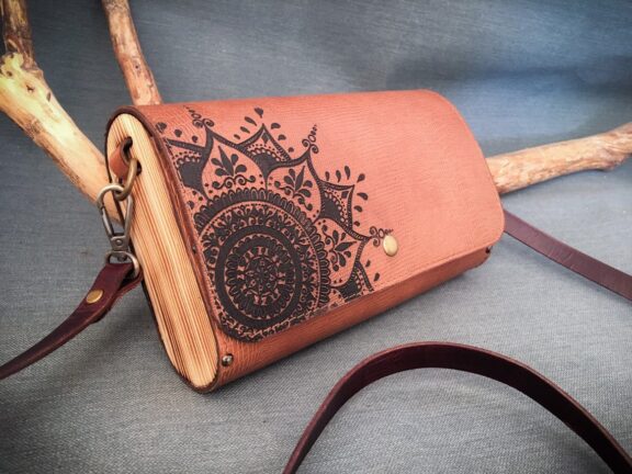 Wood and Leather Bag. Ethnic Bag With Mandala Design