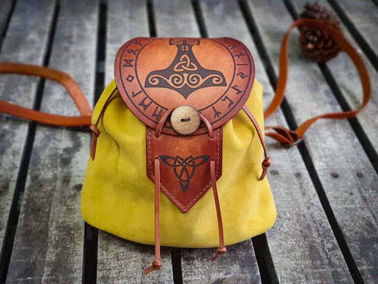 Viking Design Mini Leather Backpack. Drawsting Leather Backpack