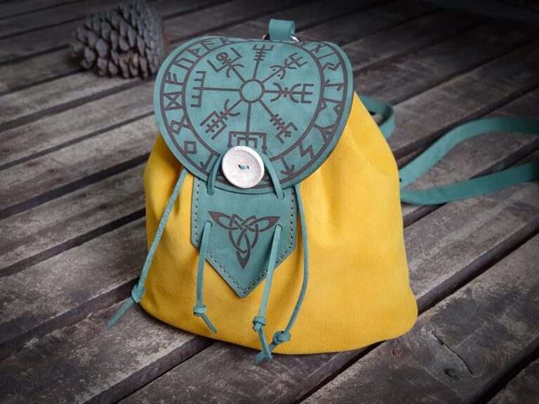 Runes Design Mini Leather Backpack. Viking Compass Engraving