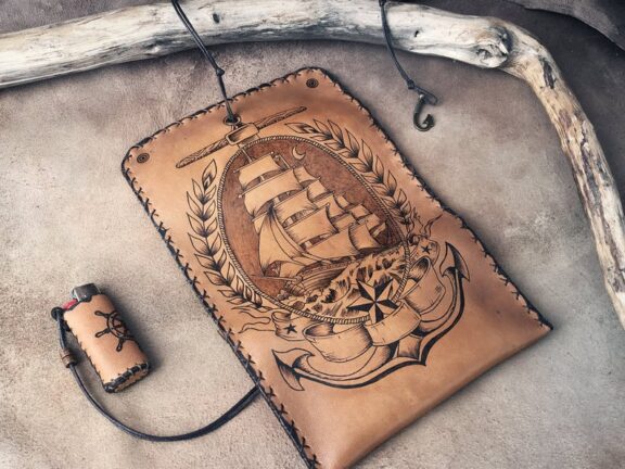 Handmade Leather Tobacco Pouch With Pyrography, Anchor Ship