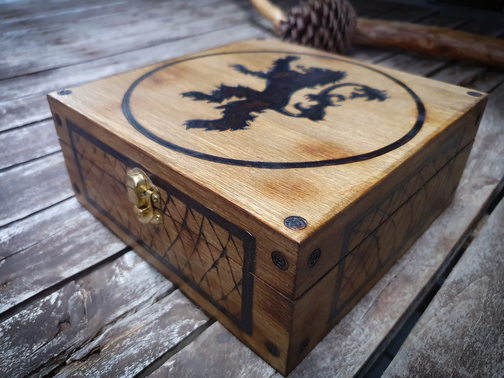 Large Wooden Box With Lion Pyrography