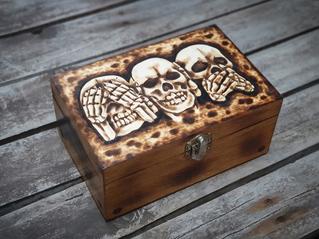 Wooden Box With Pyrography, Skulls