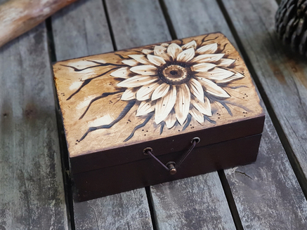 Wooden Box With Pyrography, Flower