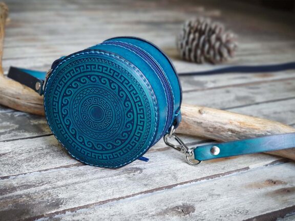 Handmade Mini Leather Pouch. Handpainted Turquoise Leather Bag. Leather Pouch With Greek Design Stamping