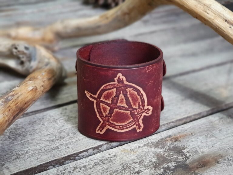 Unisex Leather Cuff Bracelet Brown With Anarchy Symbol | Handmade Leather Wrist Cuff