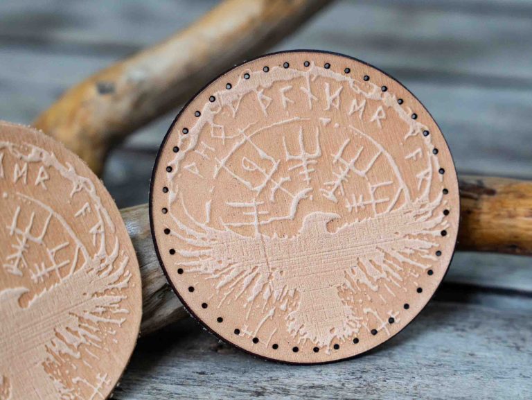 Leather Round Patch Norse Raven Rune